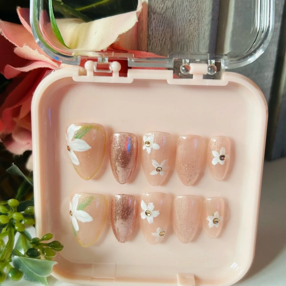 Floral Press-On Nails with Glitter Accents